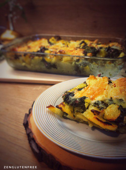 Ceci est une photographie de gratin de pommes de terre et épinards façon tartiflette-zenglutenfree