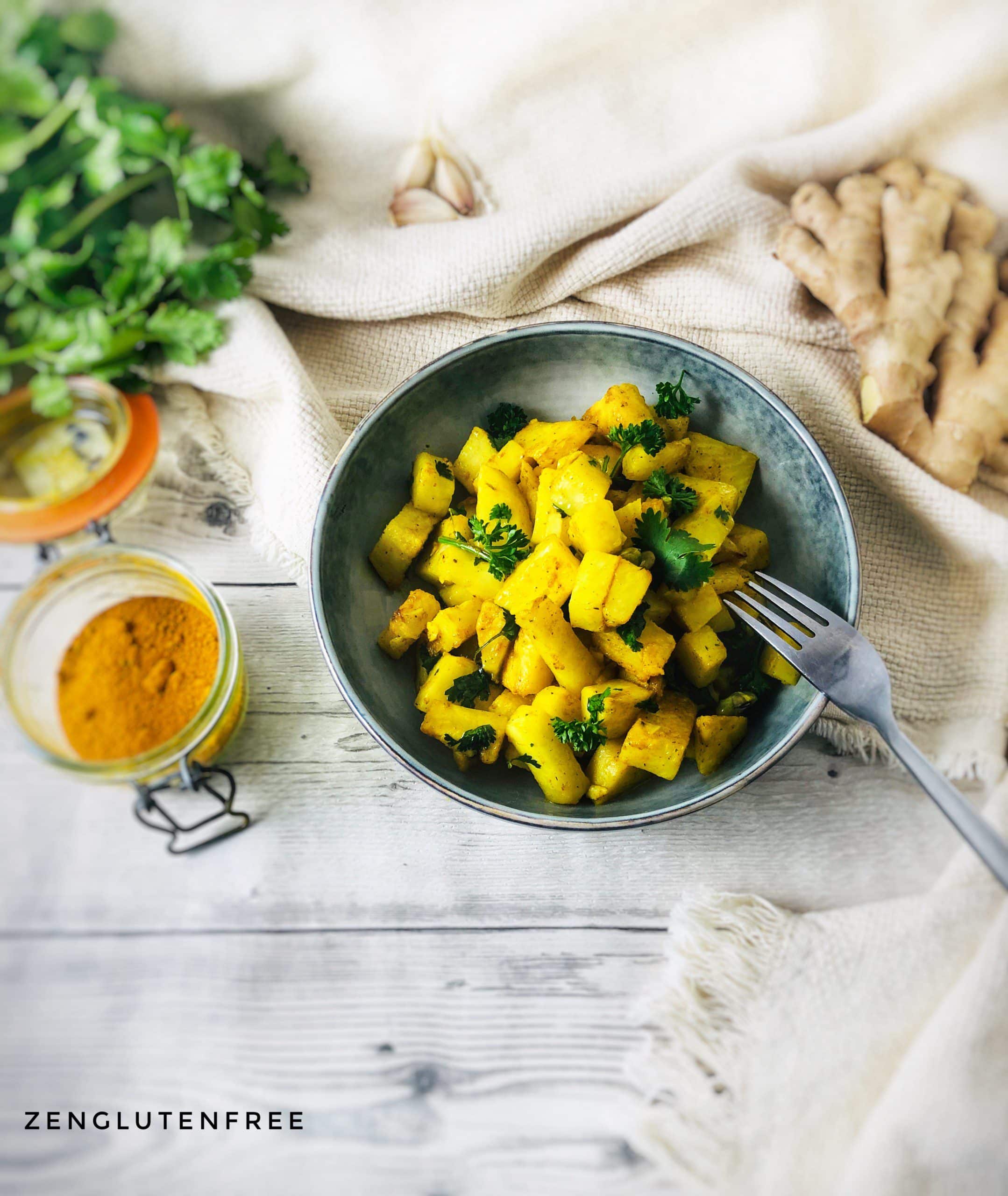 Poêlée de céleri-rave sans gluten à l'ail gingembre et curcuma