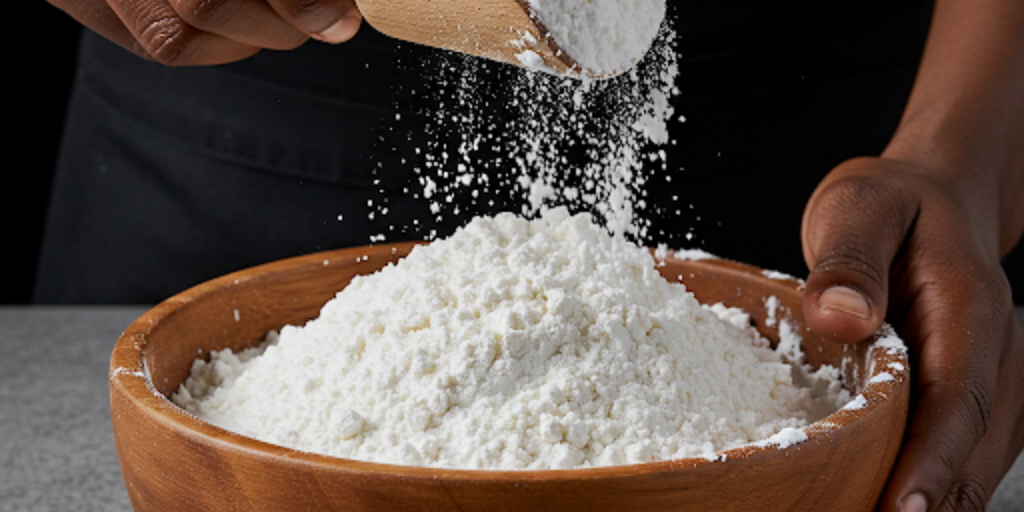 photo de fécule de tapioca disposée dans un bol avec quelqun qui souleve une cuillere pleine de fécule.